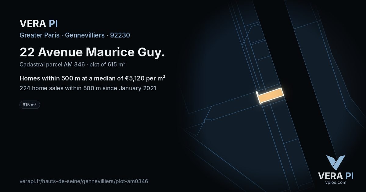 22 Avenue Maurice Guy, Gennevilliers at night – the plot lit, the parcels around coloured by the prices near them