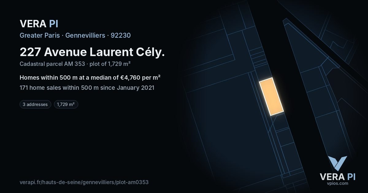 227 Avenue Laurent Cély, Gennevilliers at night – the plot lit, the parcels around coloured by the prices near them