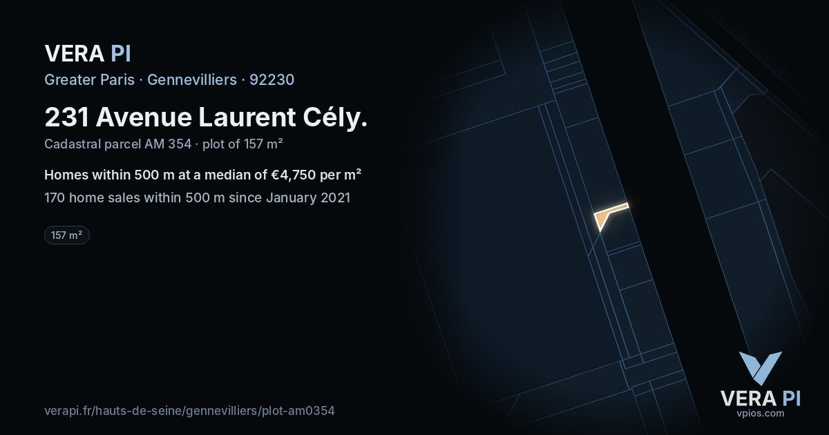 231 Avenue Laurent Cély, Gennevilliers at night – the plot lit, the parcels around coloured by the prices near them