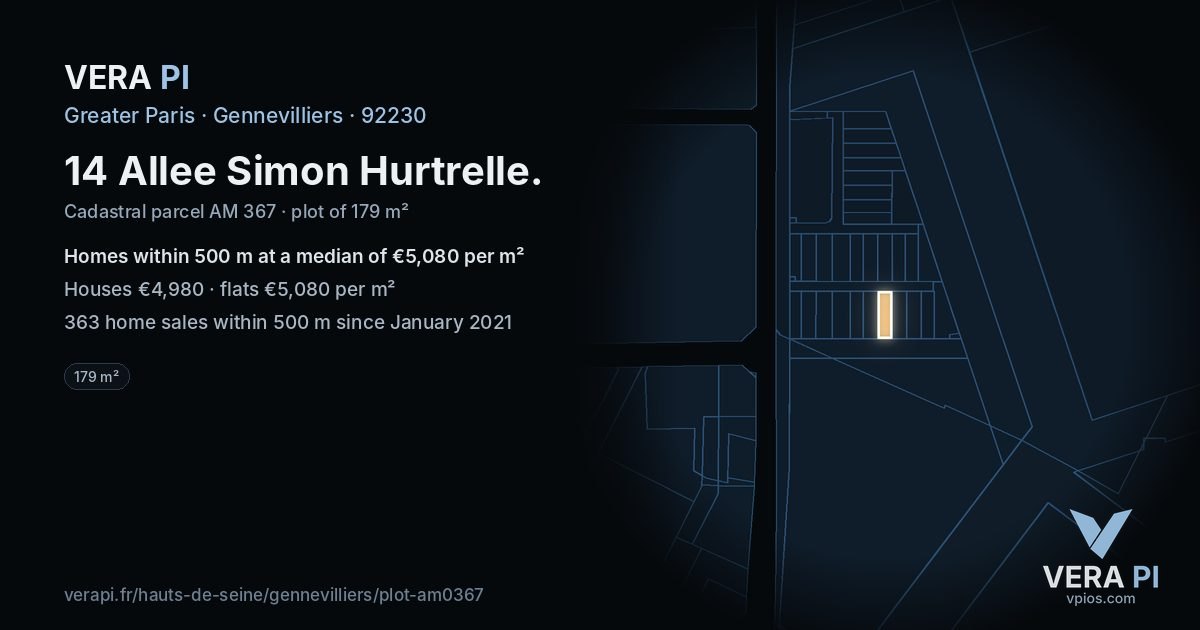 14 Allee Simon Hurtrelle, Gennevilliers at night – the plot lit, the parcels around coloured by the prices near them