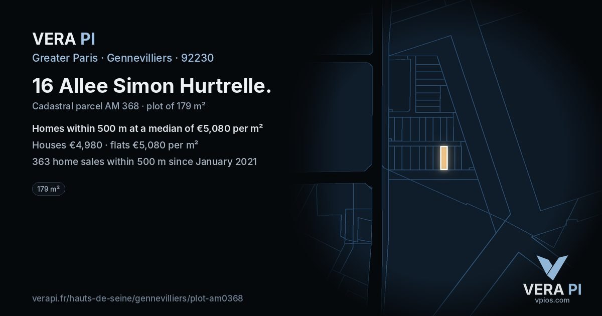 16 Allee Simon Hurtrelle, Gennevilliers at night – the plot lit, the parcels around coloured by the prices near them
