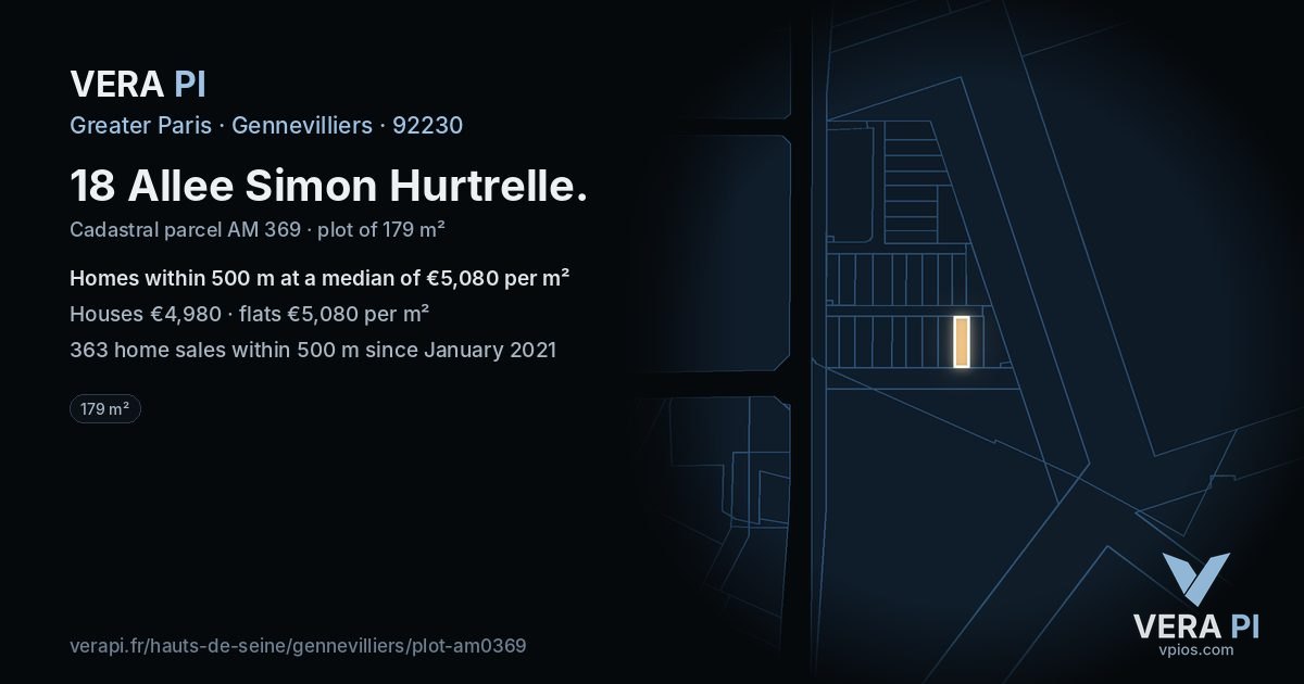 18 Allee Simon Hurtrelle, Gennevilliers at night – the plot lit, the parcels around coloured by the prices near them