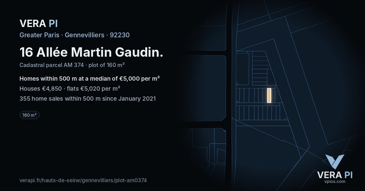 16 Allée Martin Gaudin, Gennevilliers at night – the plot lit, the parcels around coloured by the prices near them
