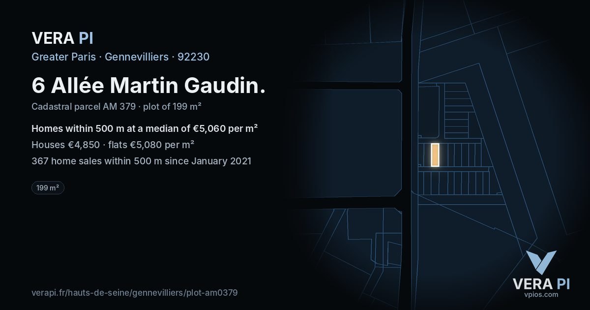 6 Allée Martin Gaudin, Gennevilliers at night – the plot lit, the parcels around coloured by the prices near them