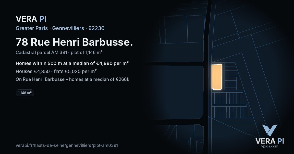 78 Rue Henri Barbusse, Gennevilliers at night – the plot lit, the parcels around coloured by the prices near them