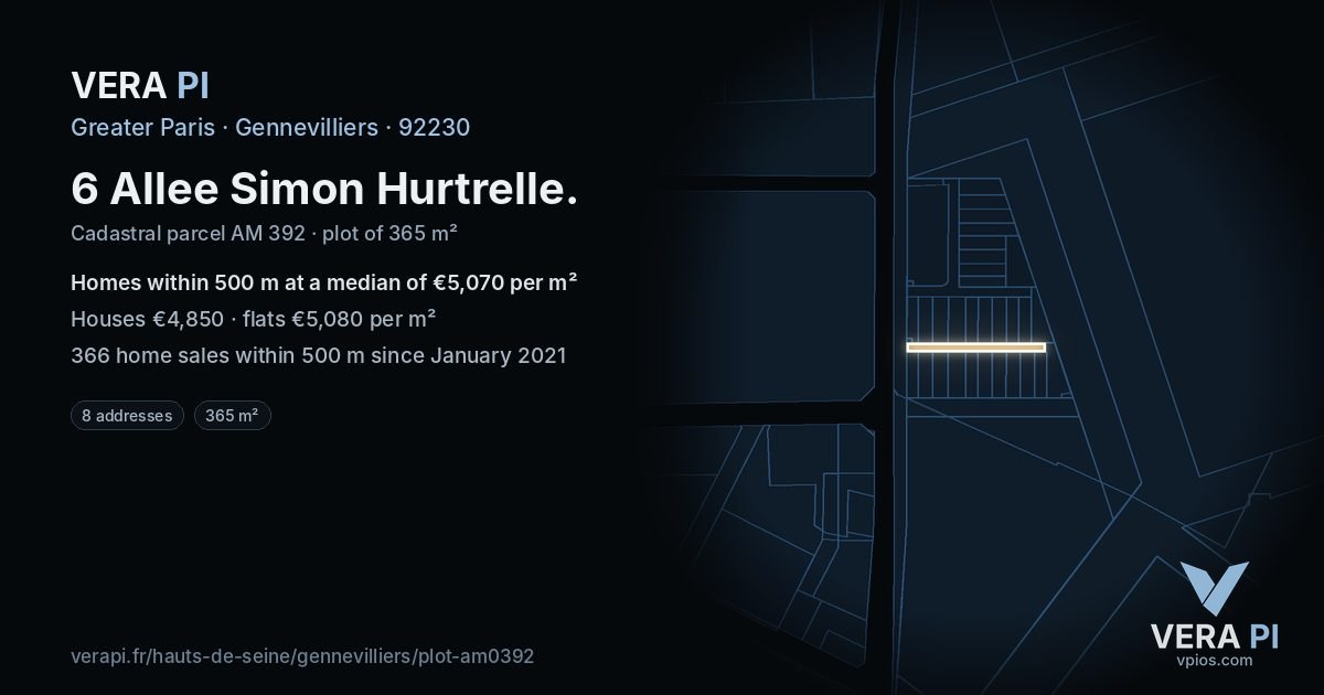 6 Allee Simon Hurtrelle, Gennevilliers at night – the plot lit, the parcels around coloured by the prices near them