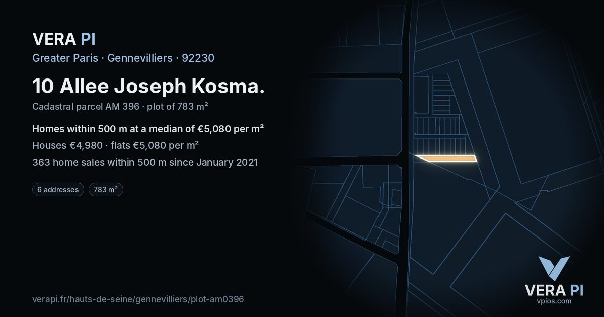 10 Allee Joseph Kosma, Gennevilliers at night – the plot lit, the parcels around coloured by the prices near them