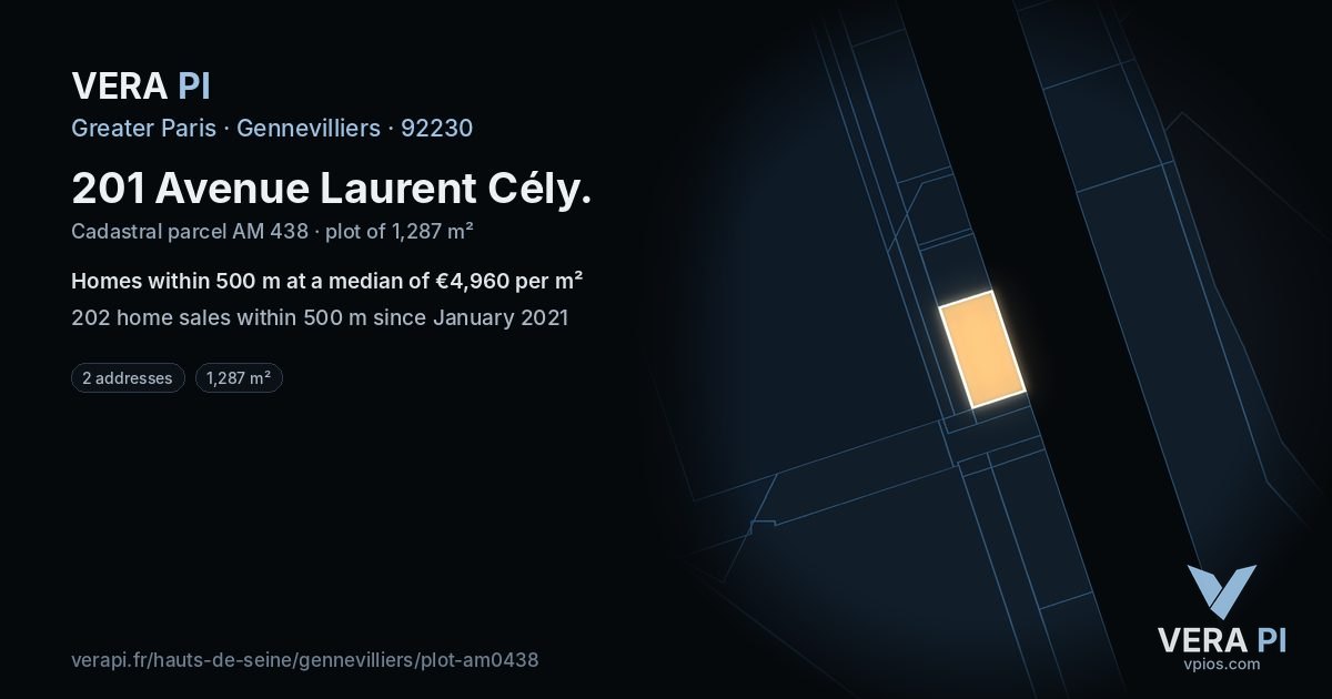 201 Avenue Laurent Cély, Gennevilliers at night – the plot lit, the parcels around coloured by the prices near them