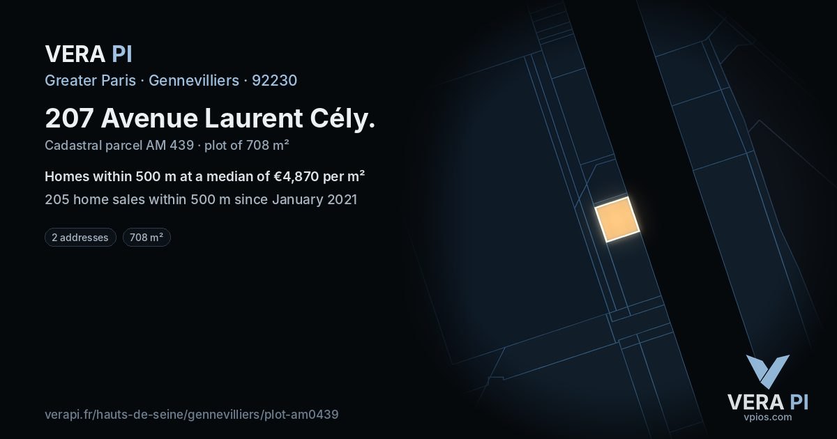 207 Avenue Laurent Cély, Gennevilliers at night – the plot lit, the parcels around coloured by the prices near them