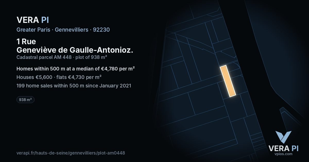 1 Rue Geneviève de Gaulle-Antonioz, Gennevilliers at night – the plot lit, the parcels around coloured by the prices near them