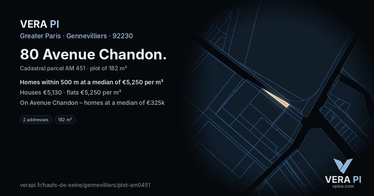 80 Avenue Chandon, Gennevilliers at night – the plot lit, the parcels around coloured by the prices near them