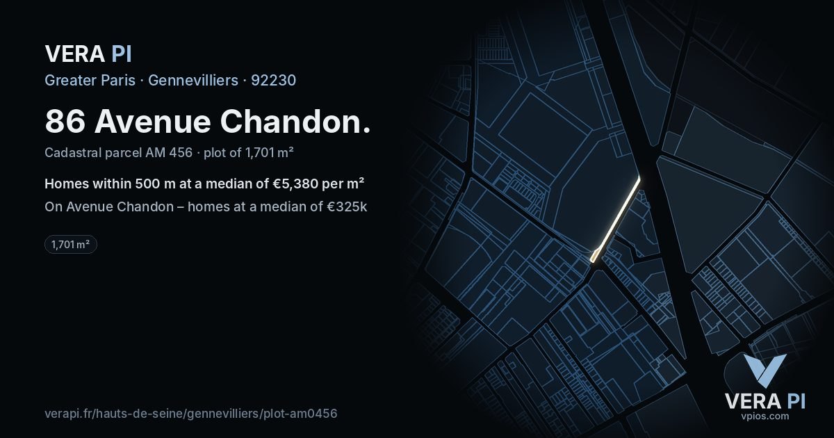 86 Avenue Chandon, Gennevilliers at night – the plot lit, the parcels around coloured by the prices near them