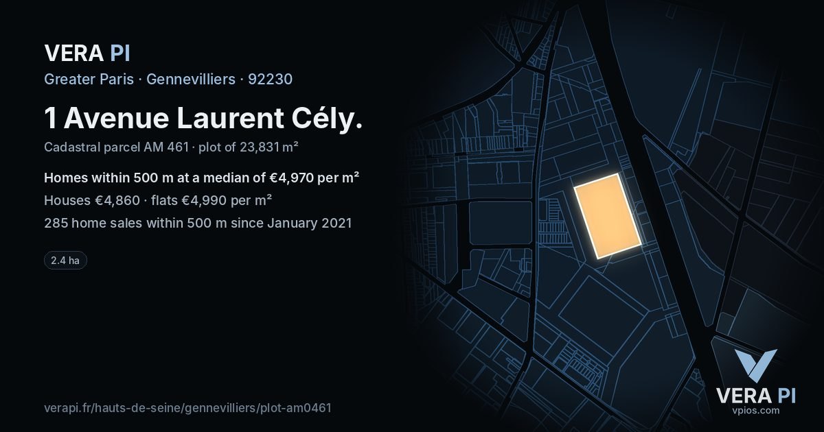 1 Avenue Laurent Cély, Gennevilliers at night – the plot lit, the parcels around coloured by the prices near them