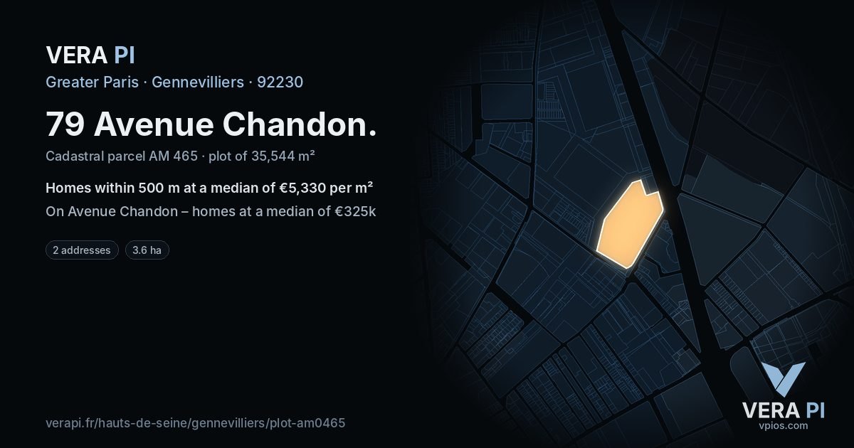 79 Avenue Chandon, Gennevilliers at night – the plot lit, the parcels around coloured by the prices near them