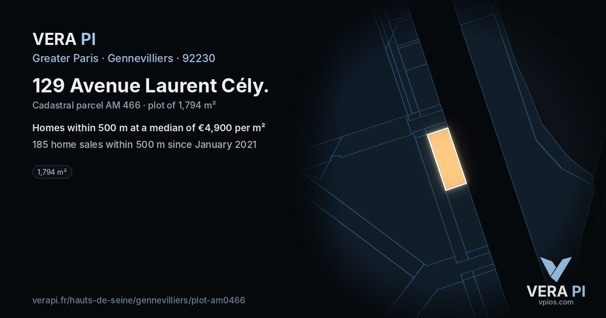 129 Avenue Laurent Cély, Gennevilliers at night – the plot lit, the parcels around coloured by the prices near them