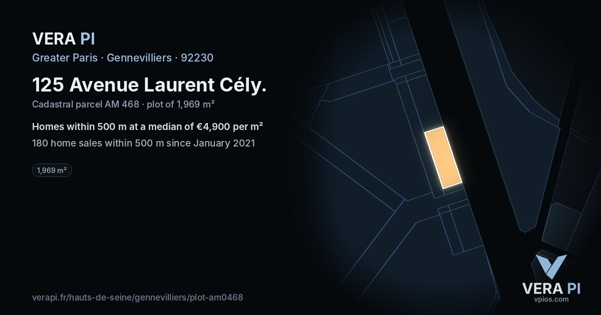 125 Avenue Laurent Cély, Gennevilliers at night – the plot lit, the parcels around coloured by the prices near them
