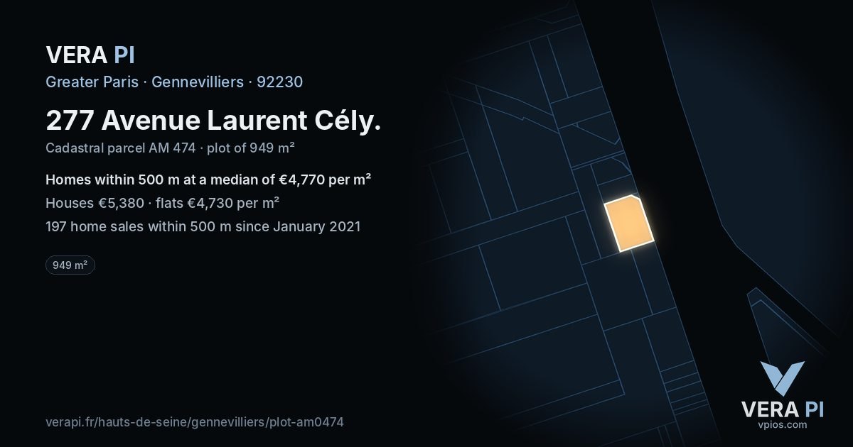277 Avenue Laurent Cély, Gennevilliers at night – the plot lit, the parcels around coloured by the prices near them