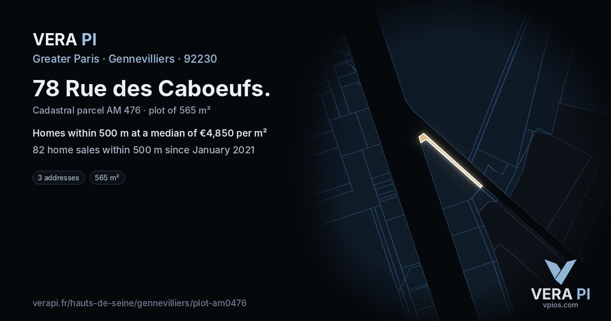 78 Rue des Caboeufs, Gennevilliers at night – the plot lit, the parcels around coloured by the prices near them