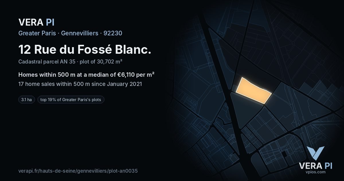 12 Rue du Fossé Blanc, Gennevilliers at night – the plot lit, the parcels around coloured by the prices near them