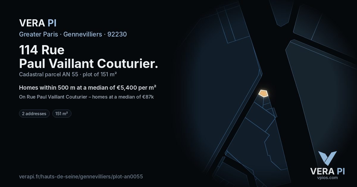 114 Rue Paul Vaillant Couturier, Gennevilliers at night – the plot lit, the parcels around coloured by the prices near them