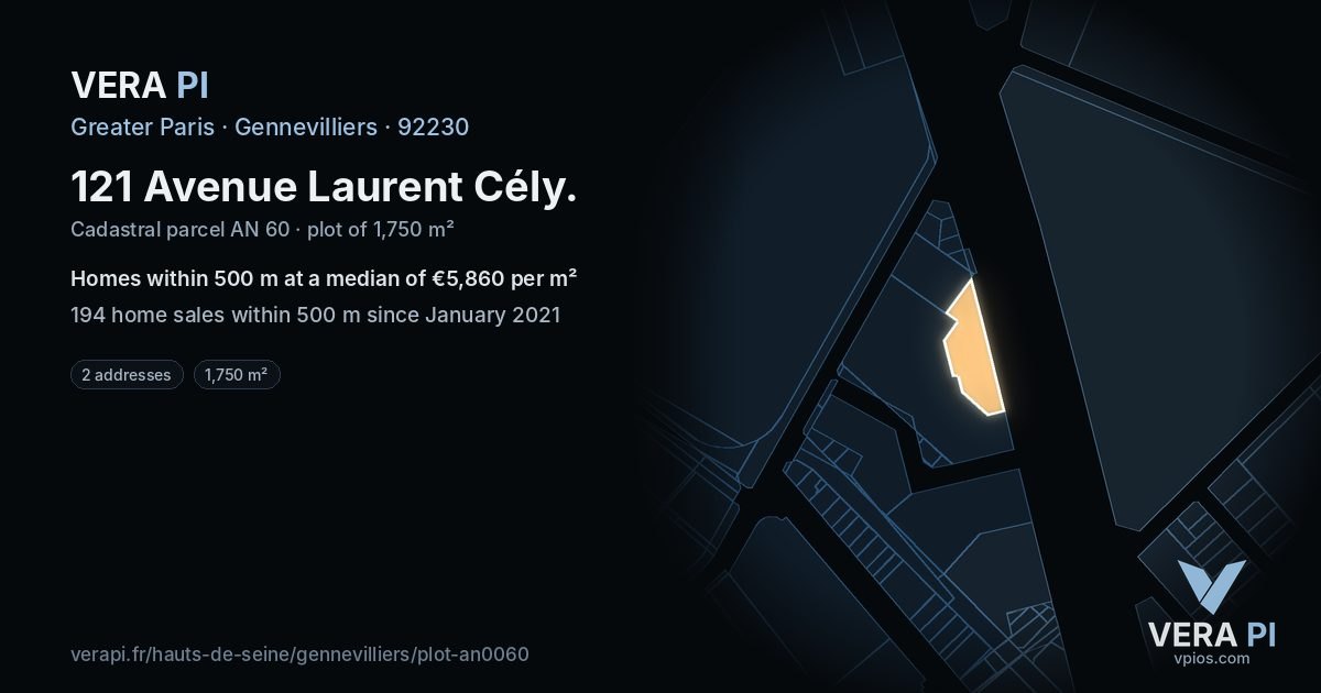 121 Avenue Laurent Cély, Gennevilliers at night – the plot lit, the parcels around coloured by the prices near them