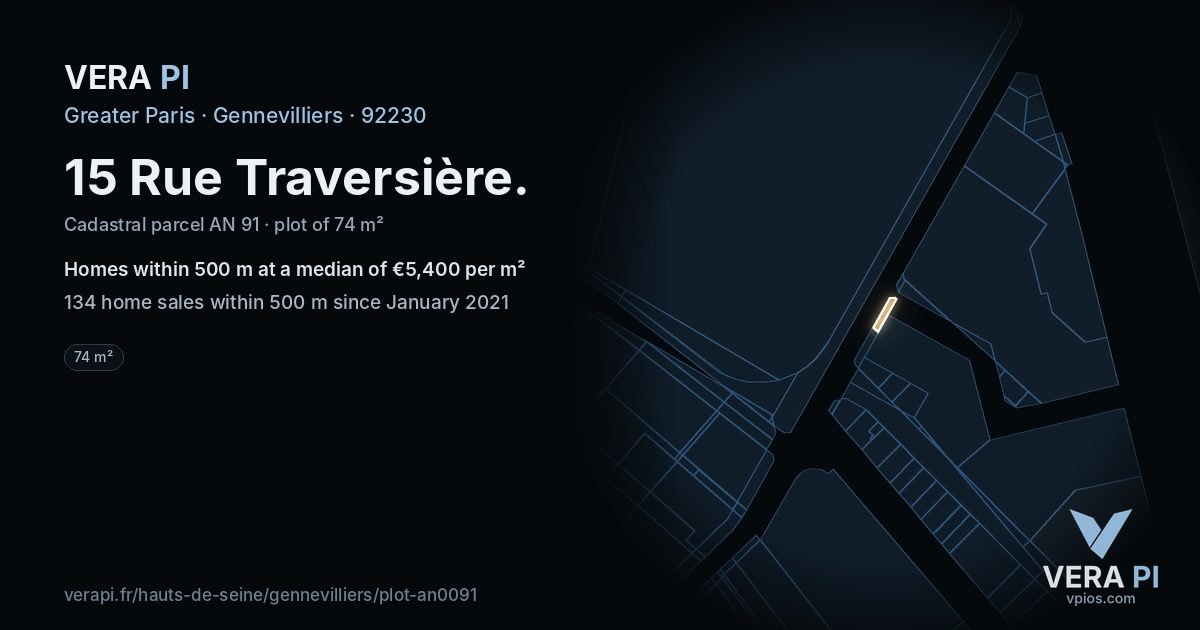 15 Rue Traversière, Gennevilliers at night – the plot lit, the parcels around coloured by the prices near them