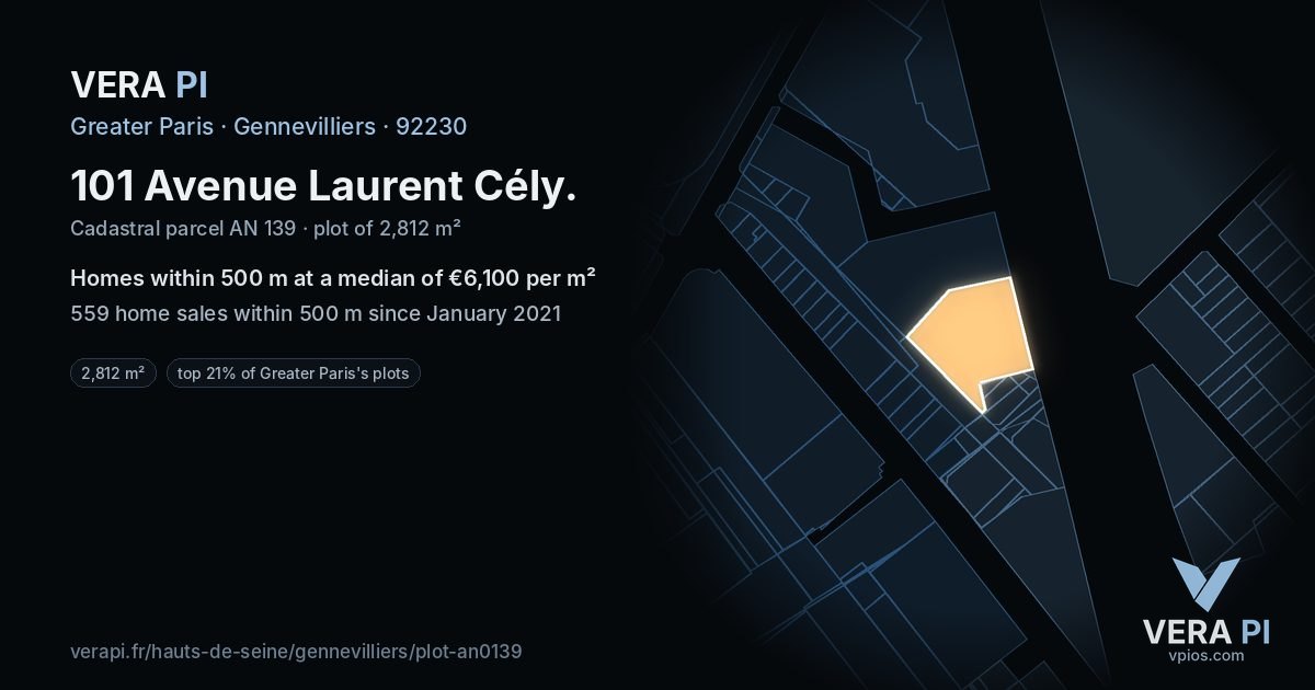 101 Avenue Laurent Cély, Gennevilliers at night – the plot lit, the parcels around coloured by the prices near them