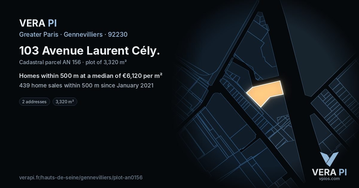103 Avenue Laurent Cély, Gennevilliers at night – the plot lit, the parcels around coloured by the prices near them
