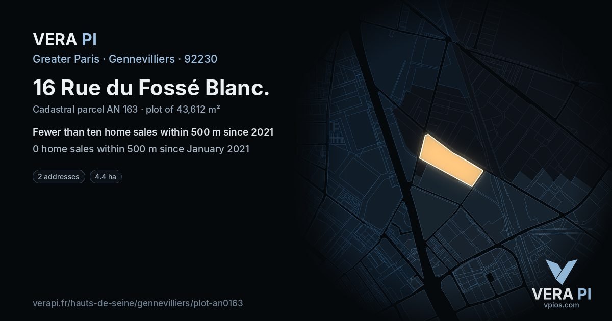 16 Rue du Fossé Blanc, Gennevilliers at night – the plot lit, the parcels around coloured by the prices near them