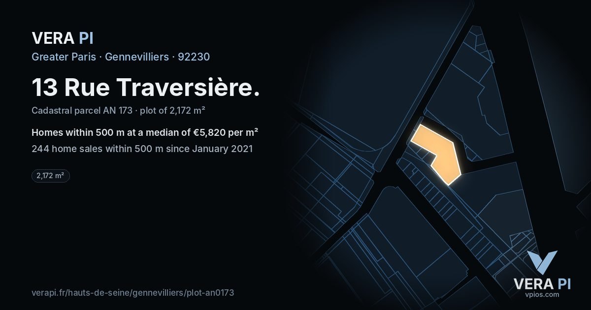 13 Rue Traversière, Gennevilliers at night – the plot lit, the parcels around coloured by the prices near them