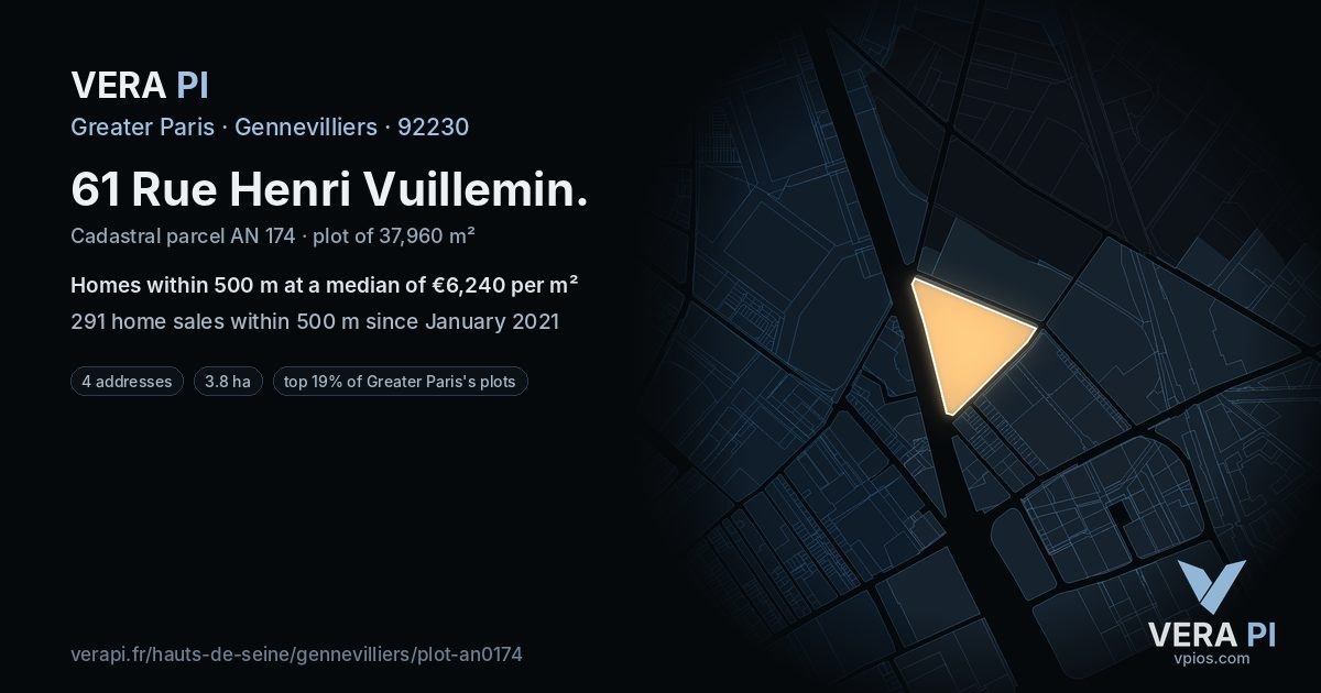 61 Rue Henri Vuillemin, Gennevilliers at night – the plot lit, the parcels around coloured by the prices near them