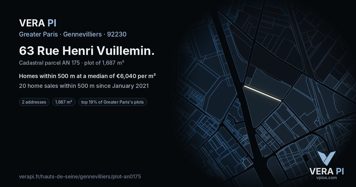 63 Rue Henri Vuillemin, Gennevilliers at night – the plot lit, the parcels around coloured by the prices near them