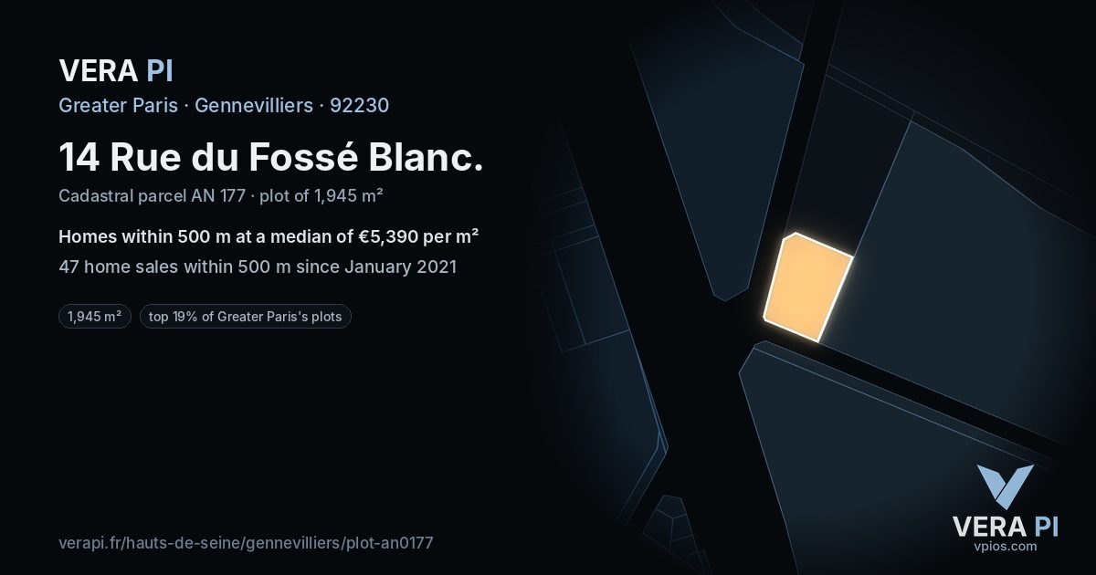 14 Rue du Fossé Blanc, Gennevilliers at night – the plot lit, the parcels around coloured by the prices near them