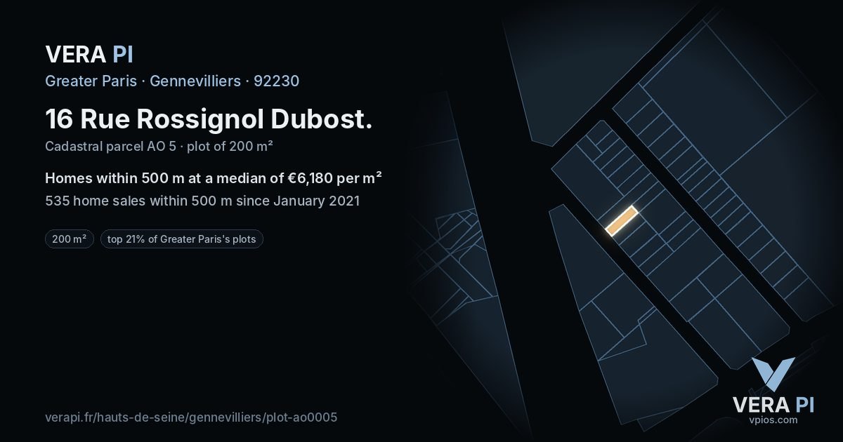 16 Rue Rossignol Dubost, Gennevilliers at night – the plot lit, the parcels around coloured by the prices near them