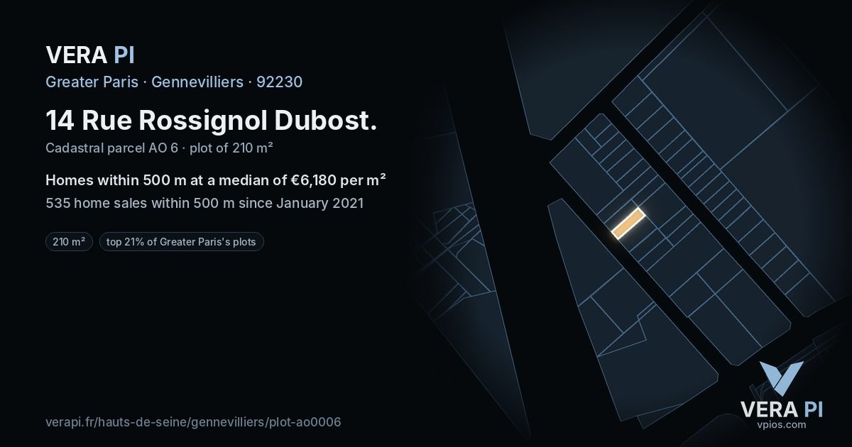 14 Rue Rossignol Dubost, Gennevilliers at night – the plot lit, the parcels around coloured by the prices near them