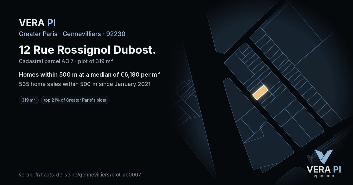 12 Rue Rossignol Dubost, Gennevilliers at night – the plot lit, the parcels around coloured by the prices near them