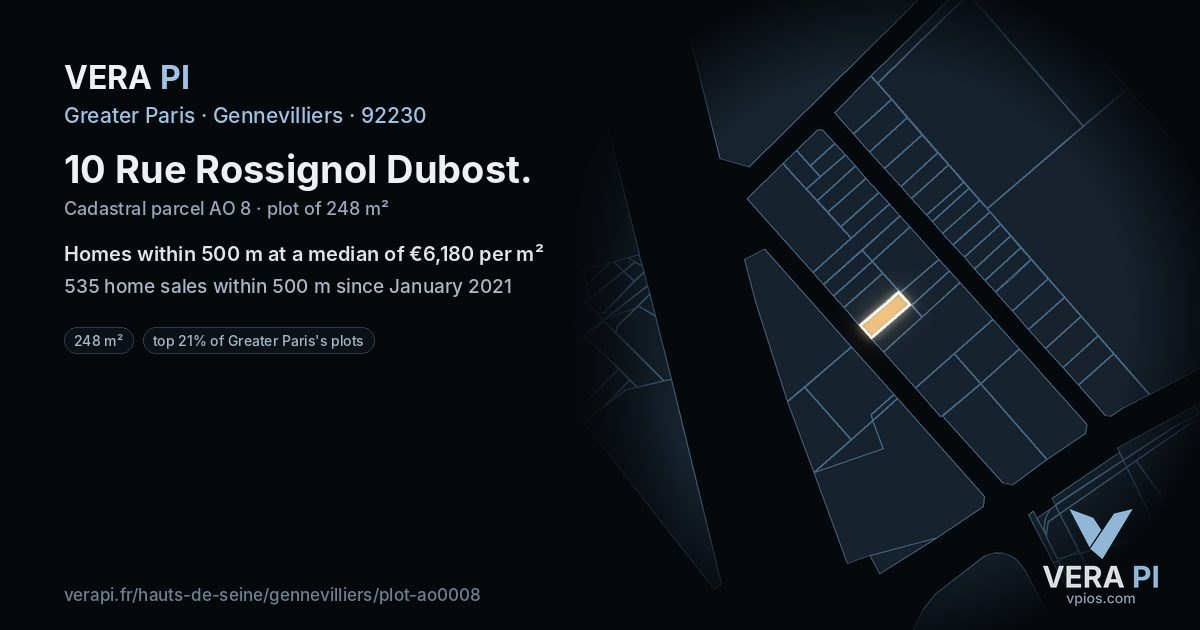 10 Rue Rossignol Dubost, Gennevilliers at night – the plot lit, the parcels around coloured by the prices near them