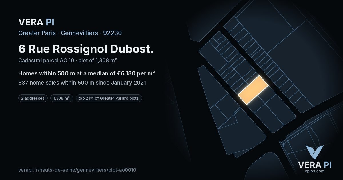 6 Rue Rossignol Dubost, Gennevilliers at night – the plot lit, the parcels around coloured by the prices near them