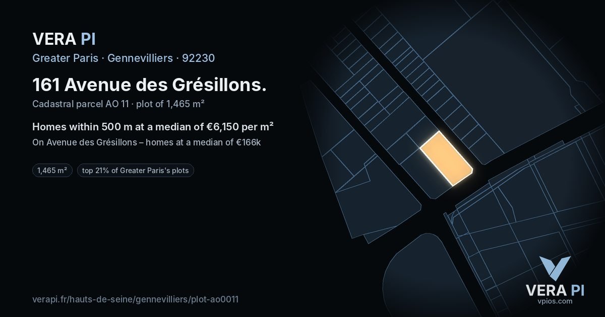 161 Avenue des Grésillons, Gennevilliers at night – the plot lit, the parcels around coloured by the prices near them