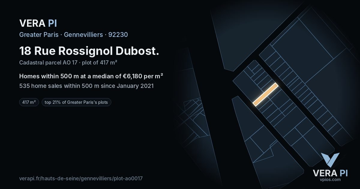 18 Rue Rossignol Dubost, Gennevilliers at night – the plot lit, the parcels around coloured by the prices near them