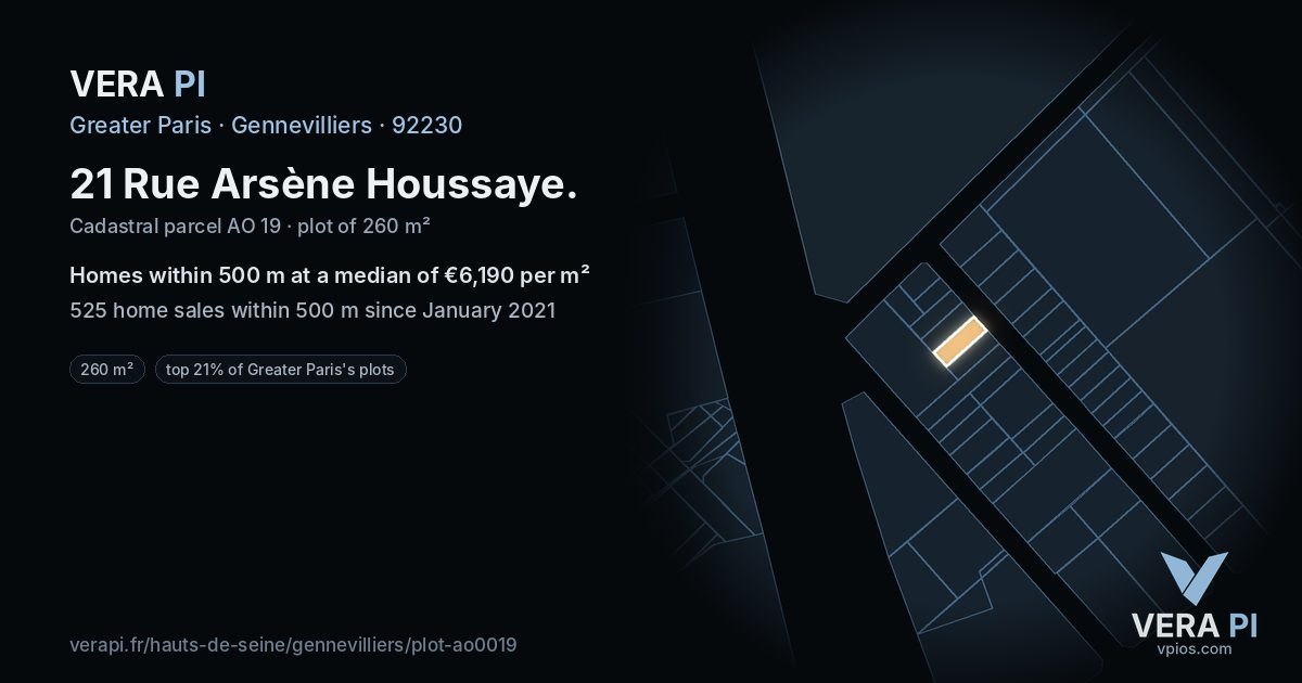 21 Rue Arsène Houssaye, Gennevilliers at night – the plot lit, the parcels around coloured by the prices near them