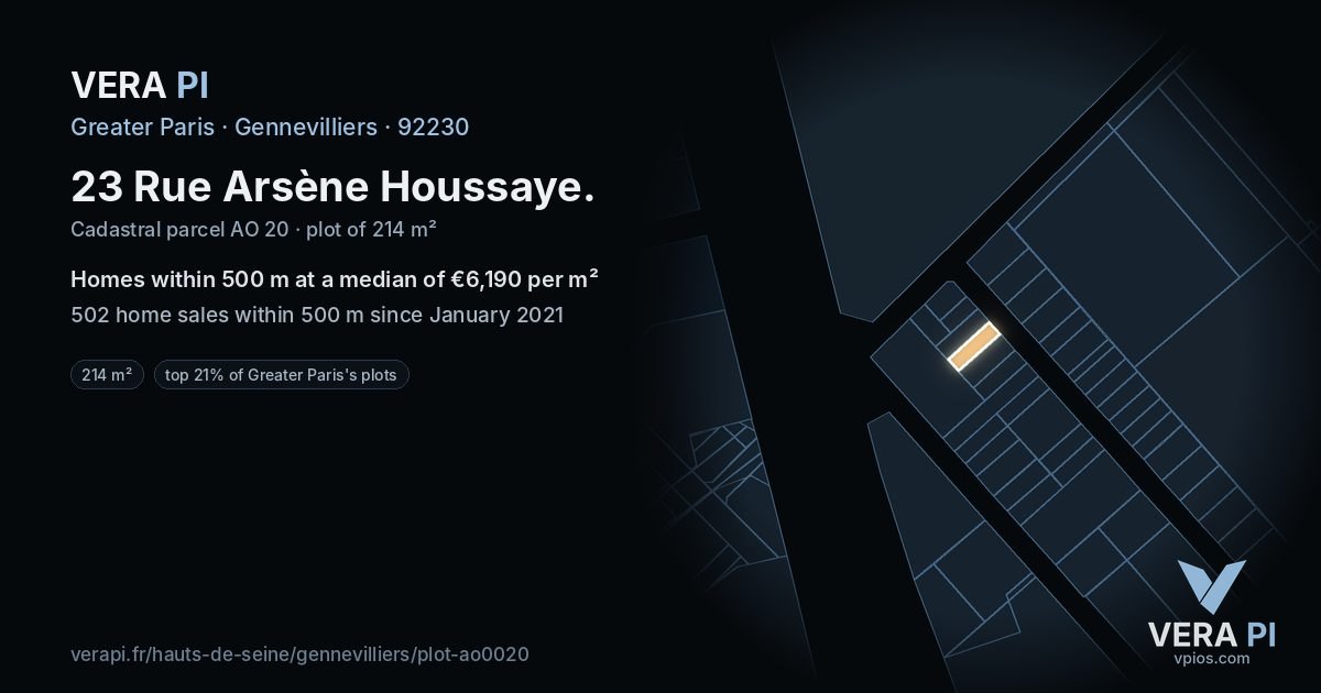 23 Rue Arsène Houssaye, Gennevilliers at night – the plot lit, the parcels around coloured by the prices near them