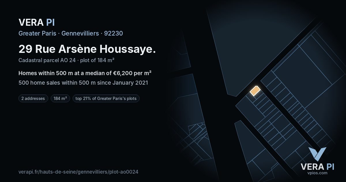 29 Rue Arsène Houssaye, Gennevilliers at night – the plot lit, the parcels around coloured by the prices near them