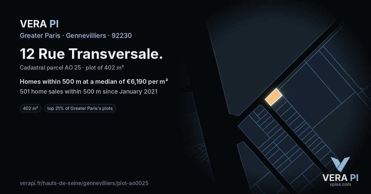 12 Rue Transversale, Gennevilliers at night – the plot lit, the parcels around coloured by the prices near them
