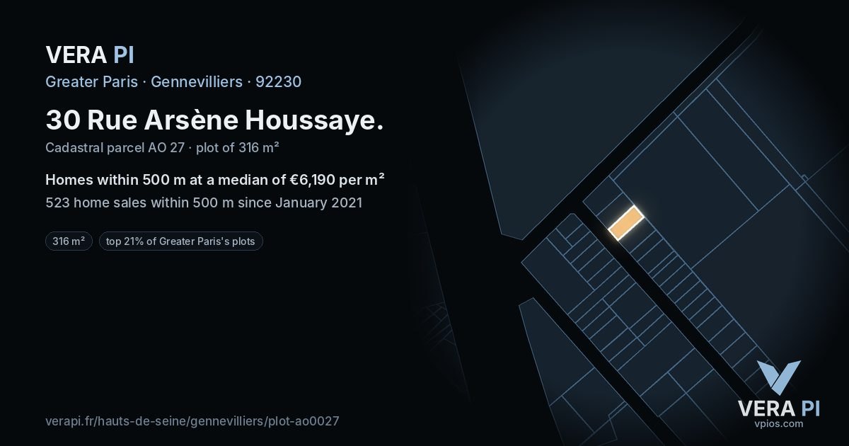 30 Rue Arsène Houssaye, Gennevilliers at night – the plot lit, the parcels around coloured by the prices near them