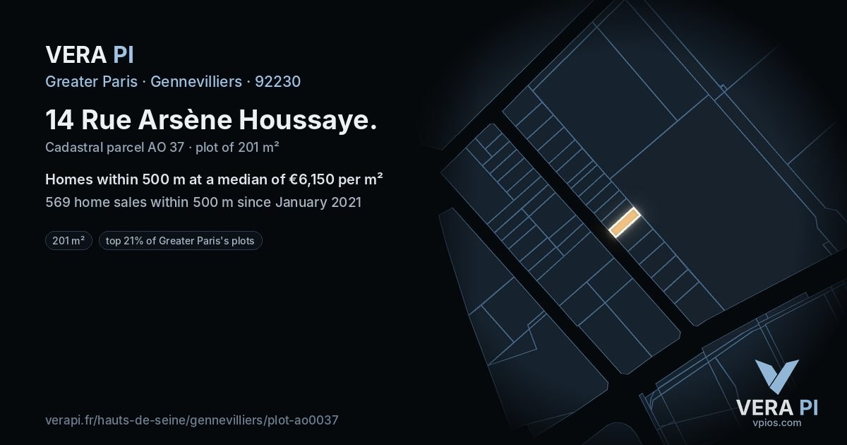 14 Rue Arsène Houssaye, Gennevilliers at night – the plot lit, the parcels around coloured by the prices near them
