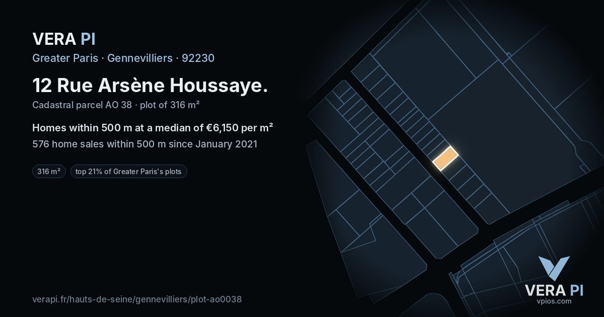 12 Rue Arsène Houssaye, Gennevilliers at night – the plot lit, the parcels around coloured by the prices near them