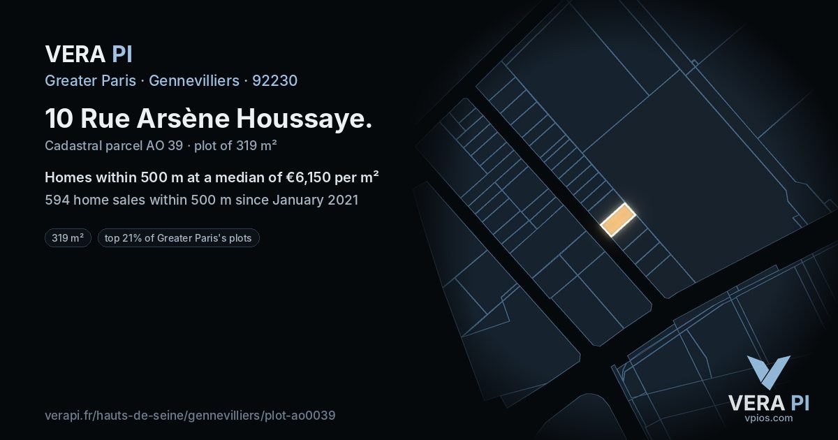 10 Rue Arsène Houssaye, Gennevilliers at night – the plot lit, the parcels around coloured by the prices near them