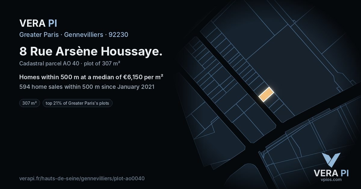 8 Rue Arsène Houssaye, Gennevilliers at night – the plot lit, the parcels around coloured by the prices near them