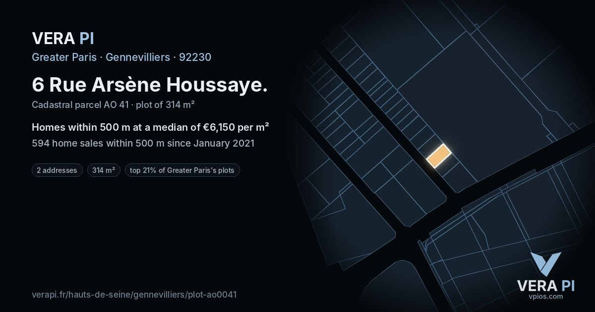 6 Rue Arsène Houssaye, Gennevilliers at night – the plot lit, the parcels around coloured by the prices near them